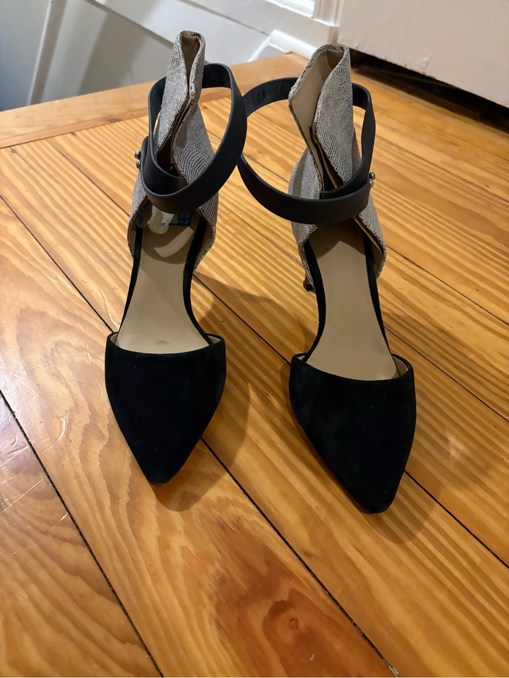 Joe's Jeans Black and Beige Pointed-Toe Ankle-Strap Heels